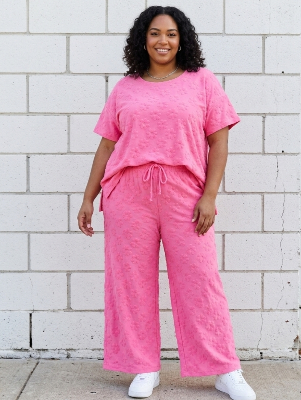 BLAKELEY 2pc Pink Flower Power 3D Daisies Top & Wide Leg Pants Set - 2X/3X